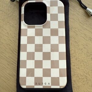 Checkered iPhone 14 Pro Phone Case - Brown and White